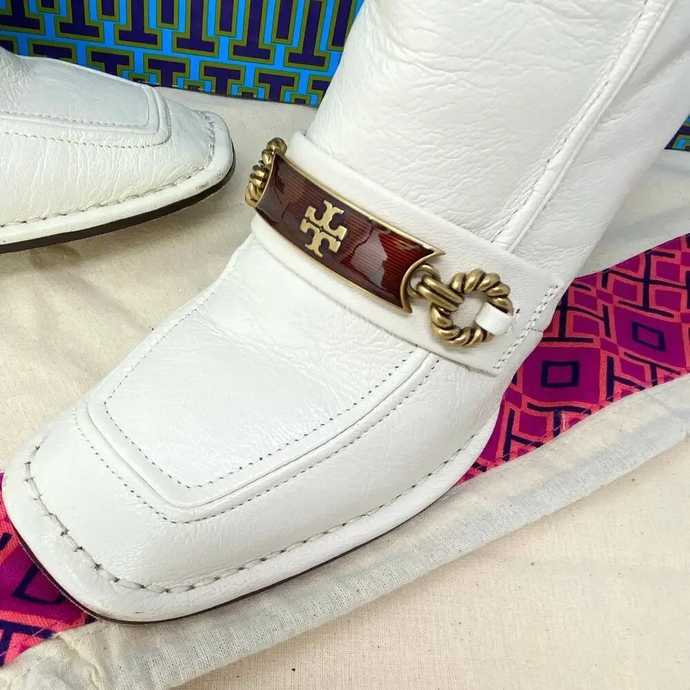 Tory Burch Logo Boots Tall Ivory Genuine Leather Knee High Size 6 Box Bag Incl